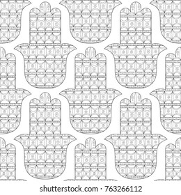Hamsa hand. Black and white seamless pattern for coloring page. Decorative amulet for good luck and prosperity.