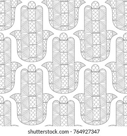 Hamsa hand. Black and white seamless pattern for coloring page. Decorative amulet for good luck and prosperity.