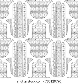 Hamsa hand. Black and white seamless pattern for coloring page. Decorative amulet for good luck and prosperity.