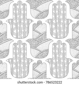 Hamsa hand. Black and white seamless pattern for coloring page. Decorative amulet for good luck and prosperity.