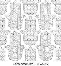 Hamsa hand. Black and white seamless pattern for coloring page. Decorative amulet for good luck and prosperity.