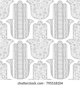 Hamsa hand. Black and white seamless pattern for coloring page. Decorative amulet for good luck and prosperity.