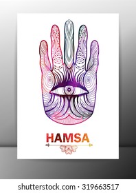 Hamsa hand card with ornament. Vector, EPS10.