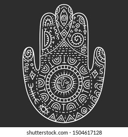Hamsa hand drawing. The ancient Eastern symbol of protection from evil. Decorative pattern in oriental style for interior decoration and tatto. The sign of "Hand of Fatima".