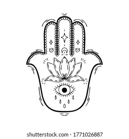 Hamsa hand drawn with a black line with decorative patterns. Illustration for tattoos, t-shirt prints, stickers, coloring books. Vector illustration.