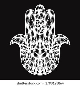 Hamsa hand drawn bohemian symbol with leaves inside. Decorative religious element in oriental style. Fatima vector doodle hand with all seeing eye
