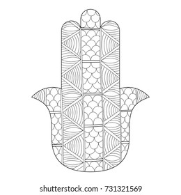 Hamsa hand drawn symbol. Black and white illustration for coloring page. Decorative amulet for good luck and prosperity