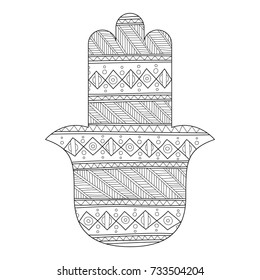 Hamsa hand drawn symbol. Black and white illustration for coloring page. Decorative amulet for good luck and prosperity