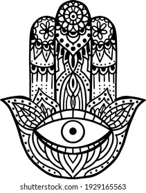 
Hamsa hand drawn symbol. Decorative typography print in oriental style for interior decor and t shirt. The ancient sign "Hand of Fatima".