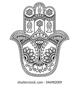 Hamsa hand drawn symbol. Decorative pattern in oriental style for interior decoration and henna drawings. The ancient sign of "Hand of Fatima".