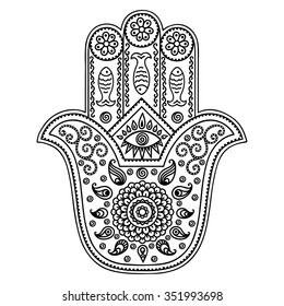 Hamsa hand drawn symbol. Decorative pattern in oriental style for interior decoration and henna drawings. The ancient sign of "Hand of Fatima".