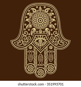 Símbolo dibujado a mano Hamsa. Decoración de estilo oriental para la decoración interior y los dibujos de henna. El antiguo signo de "Mano de Fátima".