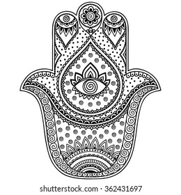 Hamsa hand drawn symbol. Decorative pattern in oriental style for interior decoration and henna drawings. The ancient sign of "Hand of Fatima".