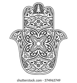 Hamsa hand drawn symbol. Decorative pattern in oriental style for interior decoration and henna drawings. The ancient sign of "Hand of Fatima".