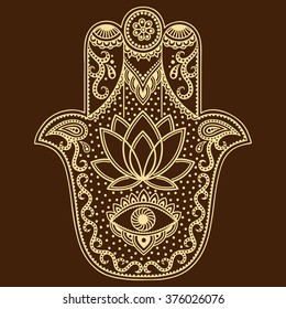 Símbolo dibujado a mano Hamsa. Decoración de estilo oriental para la decoración interior y los dibujos de henna. El antiguo signo de "Mano de Fátima".