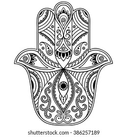 Hamsa hand drawn symbol. Decorative pattern in oriental style for interior decoration and henna drawings. The ancient sign of "Hand of Fatima".