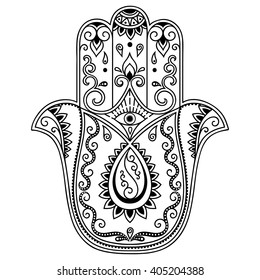 Hamsa hand drawn symbol. Decorative pattern in oriental style for interior decoration and henna drawings. The ancient sign of "Hand of Fatima".