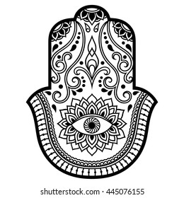 Hamsa hand drawn symbol. Decorative pattern in oriental style for interior decoration and henna drawings. The ancient sign of "Hand of Fatima".