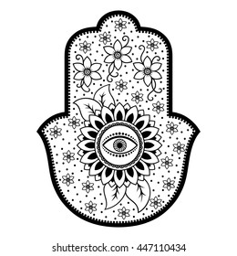 Hamsa hand drawn symbol. Decorative pattern in oriental style for interior decoration and henna drawings. The ancient sign of "Hand of Fatima".