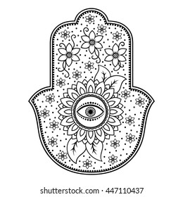 Hamsa hand drawn symbol. Decorative pattern in oriental style for interior decoration and henna drawings. The ancient sign of "Hand of Fatima".