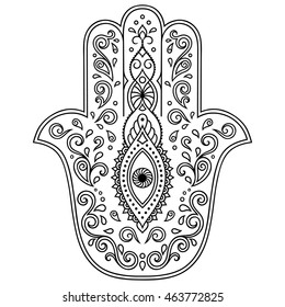 Símbolo dibujado a mano Hamsa. Decoración de estilo oriental para la decoración interior y los dibujos de henna. El antiguo signo de "Mano de Fátima".