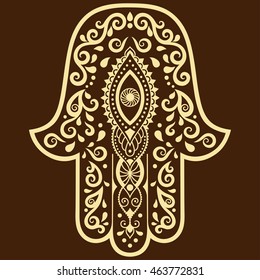 Hamsa hand drawn symbol. Decorative pattern in oriental style for interior decoration and henna drawings. The ancient sign of "Hand of Fatima".