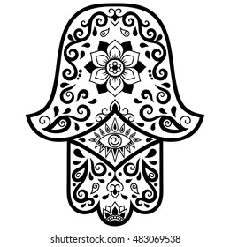 Hamsa hand drawn symbol. Decorative pattern in oriental style for interior decoration and henna drawings. The ancient sign of "Hand of Fatima".