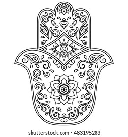 Hamsa hand drawn symbol. Decorative pattern in oriental style for interior decoration and henna drawings. The ancient sign of "Hand of Fatima".