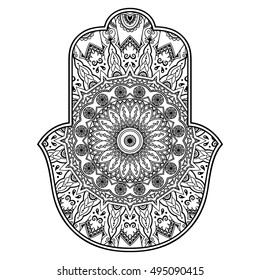 Hamsa hand drawn symbol. Decorative pattern in oriental style for interior decoration and henna drawings. The ancient sign of "Hand of Fatima".