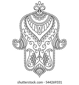 Hamsa hand drawn symbol. Decorative pattern in oriental style for interior decoration and henna drawings. The ancient sign of "Hand of Fatima".