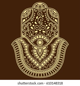 Hamsa hand drawn symbol. Decorative pattern in oriental style for interior decoration and henna drawings. The ancient sign of "Hand of Fatima".