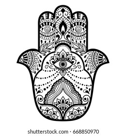 Hamsa hand drawn symbol. Decorative pattern in oriental style for interior decoration and henna drawings. The ancient sign of "Hand of Fatima".