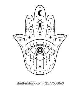 Hamsa hand drawn symbol with evil eye. Protection sign. Mystic decorative pattern in oriental style for interior decoration and henna drawings. Ancient sign of Hand of Fatima