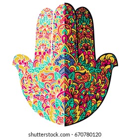 Hamsa hand drawn symbol. Fatimas hand pattern. Vector illustration. Indian mandala ornament for adult coloring books. Asian pattern. Colorful authentic background.