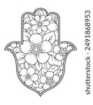 Hamsa hand drawn symbol with flower. Decorative pattern in oriental style for interior decoration and henna drawings. The ancient sign of "Hand of Fatima".
