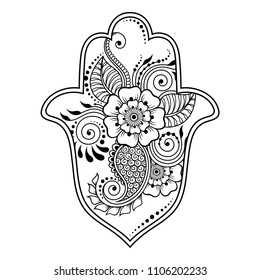 Hamsa hand drawn symbol from flower. Decorative pattern in oriental style for interior decoration and henna drawings. The ancient sign of "Hand of Fatima".