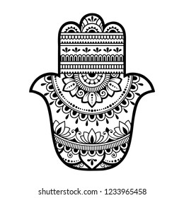 Hamsa hand drawn symbol with flower. Decorative pattern in oriental style for interior decoration and henna drawings. The ancient sign of "Hand of Fatima".