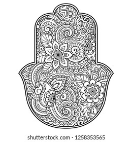 Hamsa hand drawn symbol with flower. Decorative pattern in oriental style for interior decoration and henna drawings. The ancient sign of "Hand of Fatima".