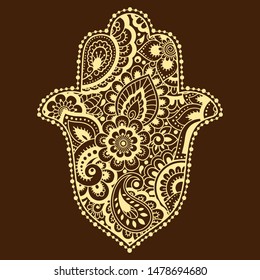 Hamsa hand drawn symbol with flower. Decorative pattern in oriental style for interior decoration and henna drawings. The ancient sign of "Hand of Fatima".