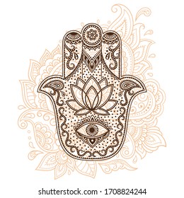 Hamsa hand drawn symbol with flower. Decorative pattern in oriental style for interior decoration and henna drawings. The ancient sign of "Hand of Fatima".