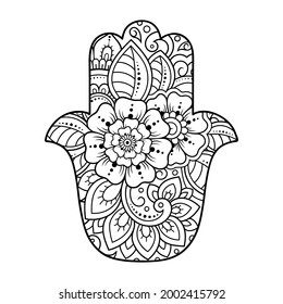 Hamsa hand drawn symbol with flower. Decorative pattern in oriental style for interior decoration and henna drawings. The ancient sign of "Hand of Fatima".