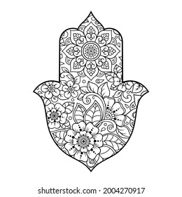 Hamsa hand drawn symbol with flower. Decorative pattern in oriental style for interior decoration and henna drawings. The ancient sign of "Hand of Fatima".