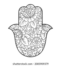 Hamsa hand drawn symbol with flower. Decorative pattern in oriental style for interior decoration and henna drawings. The ancient sign of "Hand of Fatima".