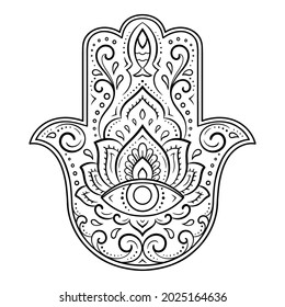 Hamsa hand drawn symbol with flower. Decorative pattern in oriental style for interior decoration and henna drawings. The ancient sign of "Hand of Fatima".