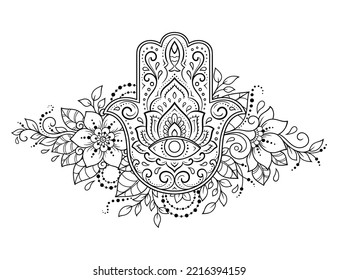 Hamsa hand drawn symbol with flower. Decorative pattern in oriental style for interior decoration and henna drawings. The ancient sign of "Hand of Fatima".