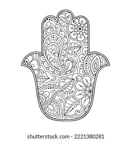 Hamsa hand drawn symbol with flower. Decorative pattern in oriental style for interior decoration and henna drawings. The ancient sign of "Hand of Fatima".