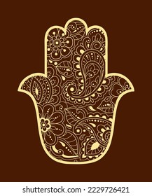 Hamsa hand drawn symbol with flower. Decorative pattern in oriental style for interior decoration and henna drawings. The ancient sign of "Hand of Fatima".