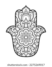 Hamsa hand drawn symbol with flower. Decorative pattern in oriental style for interior decoration and henna drawings. The ancient sign of "Hand of Fatima".