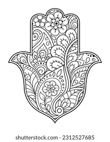 Hamsa hand drawn symbol with flower. Decorative pattern in oriental style for interior decoration and henna drawings. The ancient sign of "Hand of Fatima".