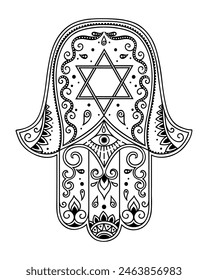 Hamsa hand drawn symbol with flower and the Star of David. Decorative pattern in Eastern Jewish style for interior decoration and henna drawings. The ancient sign of "Hand of Miriam".